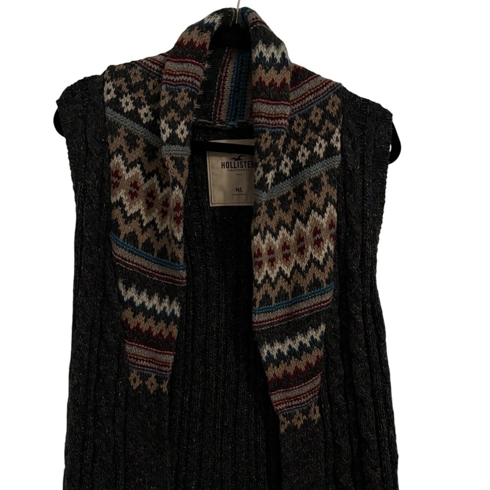 Hollister Womens Fair Isle Cable Knit Longline Sweater Vest Grey Wool Blend M/L